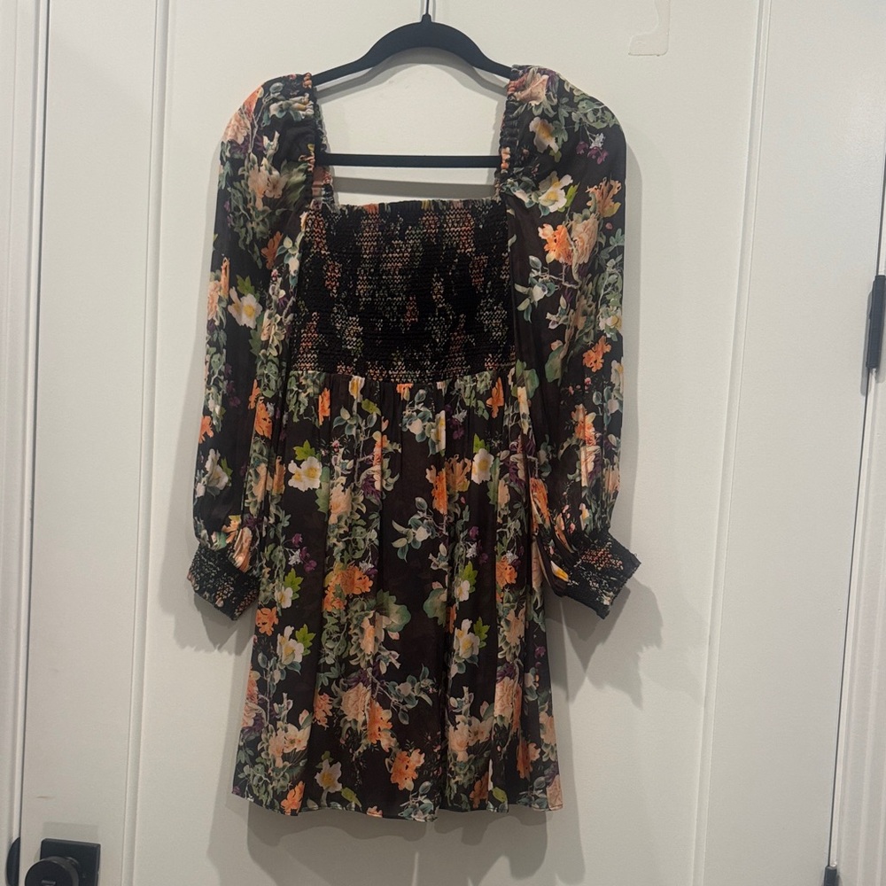 Alice + Olivia Black Floral Mini Dress with Orange, Green and Pink Accents